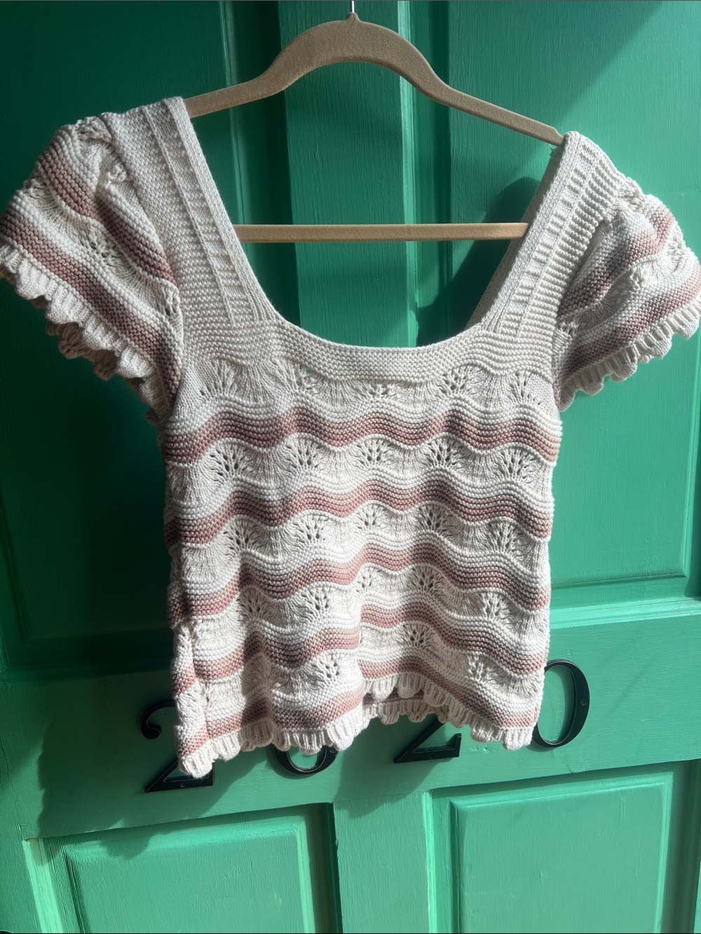 Jessica Simpson Striped Knit Square-Neck Crop Top in Cream and Dusty Pink large